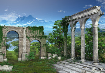 3D rendered Fantasy Landscape with Greek Temple Ruins - 3D Illustration