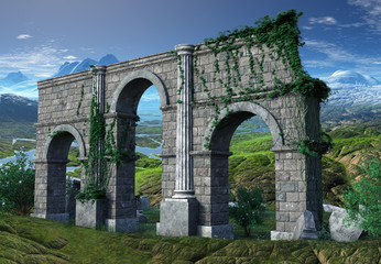 Fototapeta na wymiar 3D rendered Fantasy Landscape with Greek Temple Ruins - 3D Illustration