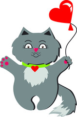 llustration. Vector graphics. Gray kitten with a balloon in the shape of a heart. Drawing for children. Valentine's Day.