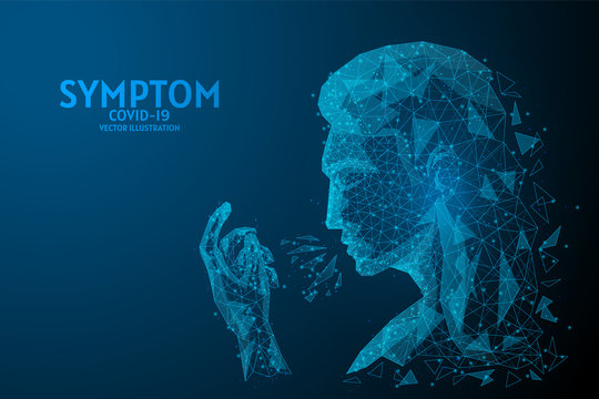 A man sneezes in his hands. Woman's face close up. Symptom of infection, spread of the viral infection COVID-19 coronavirus, innovative medical technology. low poly wireframe vector illustration.