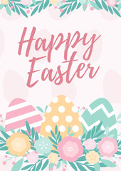 Easter poster.  Flyer design with colorful eggs and spring flowers. Vector flat illustration.