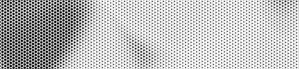 Abstract panoramic monochrome halftone wide background. Panorama, Modern gradient black and white Backdrop with dots. Dotted soft lines pattern. Vector illustration.