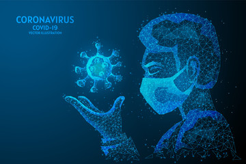 A man in a medical mask holds a virus in his hand. COVID-19 coronavirus concept, infectious pandemic, innovative medical technology. Low poly wireframe vector illustration.