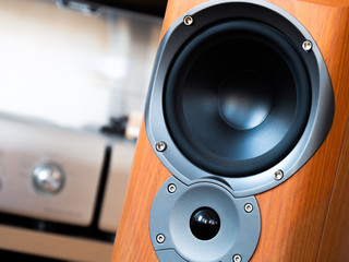 A close-up of the hi-fi speaker with blurred hi-fi equipment in background.