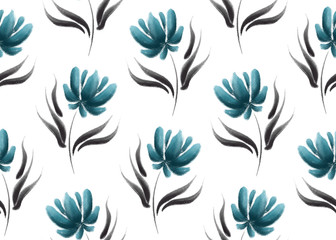 Blue floral gouache seamless pattern