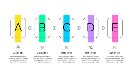 Business process chart infographics with 5 step rectangles. Rectangular corporate workflow graphic elements. Company flowchart presentation slide template. Vector info graphic design.