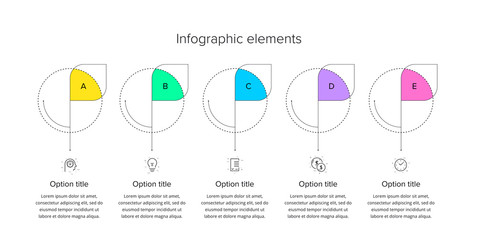 Business process chart infographics with 5 step circles. Circular corporate workflow graphic elements. Company flowchart presentation slide template. Vector info graphic design.