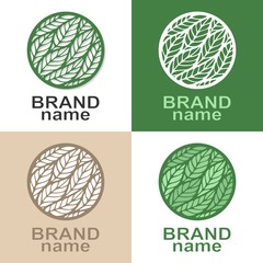 Set of round logos with leaves (feathers, spikelets) on a white, green, beige background. Eco icon, bio sign, symbol, brand identity for business, organic products, healthy food. Vector illustration.