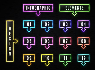 Naklejka premium Neon Infographics elements on black brick background. Glowing color infographic rectangle frame with arrow text box. Business design template with square neon light signs. Bright vector illustration.
