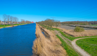 Fototapeta na wymiar Canal separating a rural and an urban residential area below a blue sky in sunlight in spring
