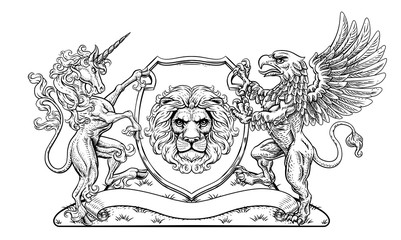 A crest coat of arms family shield seal featuring griffin, unicorn horse with horn and lion