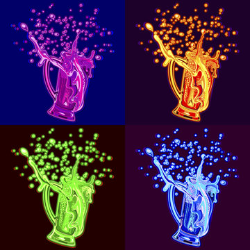 Beer in the style of pop art. Four neon colors : purple, yellow, orange, and blue.