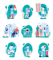 Fototapeta premium Doctor and medical assistant in healthcare center, patient in clinic, vector illustration. Set of stickers people cartoon characters, health care treatment in hospital. Pharmacy prescription, medicine