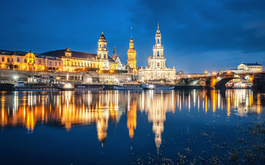 Dresden skyline with Elbe river at twilight, Germany