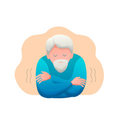 Medical banner flat design isolated. Signs of a virus infection are fever and chills. Old man with beard is sick. Vector illustration.