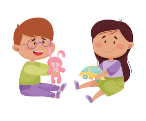 Friendly Little Kids Playing and Sharing Toys with Each Other Vector Illustration