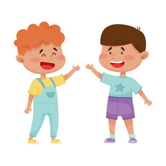 Little Boys Greeting and Cheering Each Other Vector Illustration
