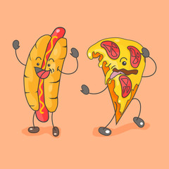 Fast food icon. Hotdog smile and pizza shows tongue.