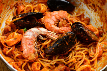 Seafood pasta Spaghetti with Clams, Prawns