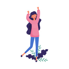 Young Smiling Dark-haired Girl Jumping with Hands Up Vector Illustratio