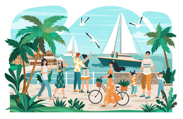 People walking on seaside promenade, summer town recreation, vector illustration. Couple on yacht, man with children, woman with bicycle. People enjoying promenade in seaside town, active lifestyle © Seahorsevector