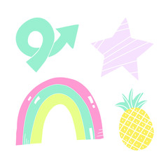 Cute kiddish hand drawn set, arrow, rainbow, star and pineapple. Hand drawn vector illustration on isolated background.