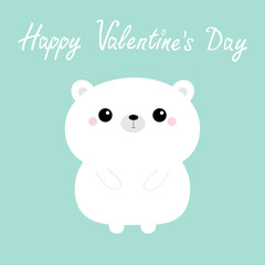Happy Valentines Day. White bear icon. Cute funny head face. Kawaii cartoon character. Pink cheeks. Baby greeting card template. Blue background. Flat design.