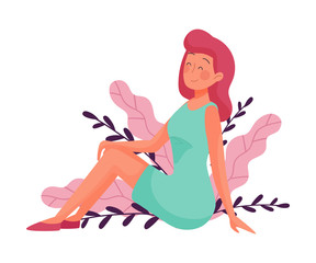 Happy Girl Sitting and Posing Near Botanical Plants Vector Illustration