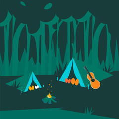 Family night picnic in forest. Cartoon vector illustration