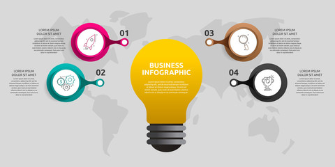 Modern vector light bulb infographics. Business template with circles and four steps. Success concept for graph, presentation, cycling diagram, chart, web, app