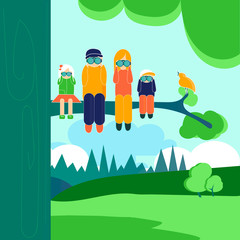 Family hiking outdoors. Cartoon vector color illustration