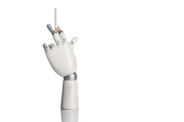 robotic hand holding cigarette isolated on white