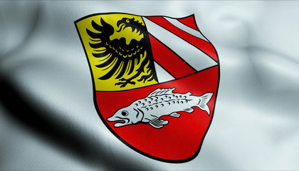 Fototapeta premium 3D Waving Germany City Coat of Arms Flag of Velden Closeup View