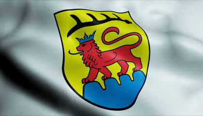 3D Waving Germany City Coat of Arms Flag of Vaihingen an der Enz Closeup View