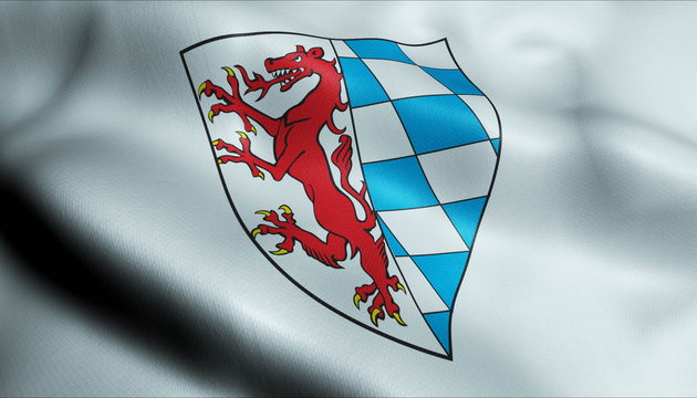 3D Waving Germany City Coat of Arms Flag of Vilsbiburg Closeup View