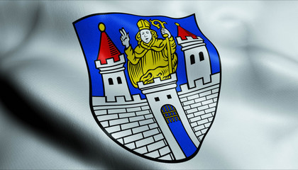 Naklejka premium 3D Waving Germany City Coat of Arms Flag of Tittmoning Closeup View