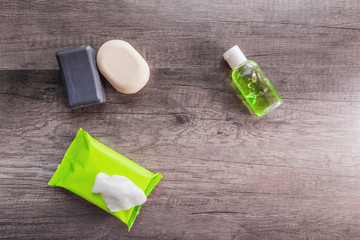 Personal protective equipment against viruses, personal hygiene concept, antiseptic gel, disinfectant wipes and soap. Protection against infections and coronovirus