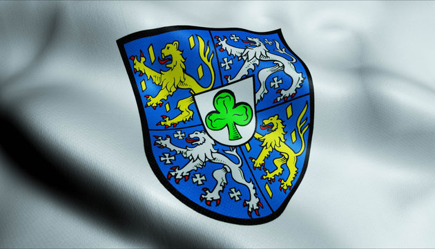 3D Waving Germany City Coat of Arms Flag of Usingen Closeup View
