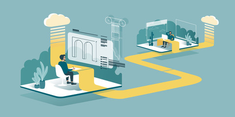 Isometric drawing explaining how cloud computing enhances our ability to learn and work anywhere. Designers or architects work from home through the cloud. Technical vector illustration