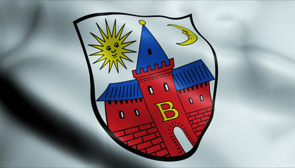 3D Waving Germany City Coat of Arms Flag of Stadtprozelten Closeup View
