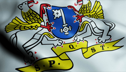 3D Waving Germany City Coat of Arms Flag of Stade Closeup View