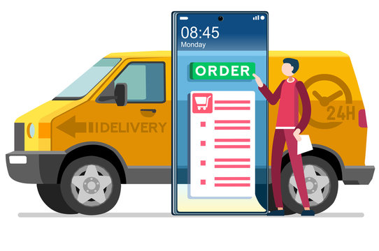 Symbolic Commercial Home Deliver Symbol. Courier Truck Of Delivering Boy With In House Parcel, E Commerce Sign. Vector Illustration Icon. Express Food, Home Delivery Commercial Online Order Concept.