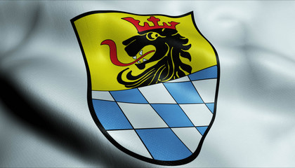 3D Waving Germany City Coat of Arms Flag of Schrobenhausen Closeup View