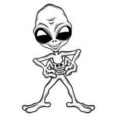 Extraterrestrial alien gamer with a joystick in his hands on a white background.