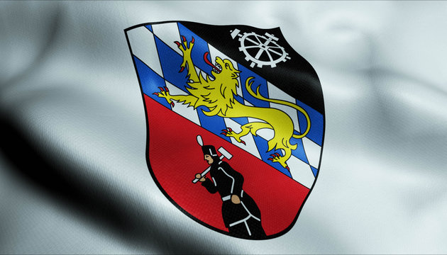 3D Waving Germany City Coat of Arms Flag of Sankt Ingbert Closeup View