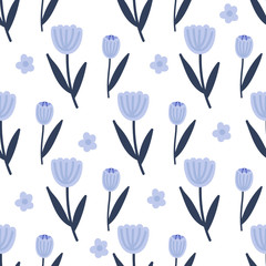 Tulips hand drawn seamless pattern. Spring, fresh flowers drawing. Backdrop with tulips. Botanical wrapping paper, textile, vector illustration .
