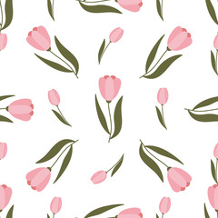 Obraz premium Tulips hand drawn seamless pattern. Spring, fresh flowers drawing. Backdrop with tulips. Botanical wrapping paper, textile, vector illustration .