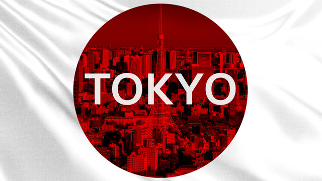 Japan. Tokyo logo on the background of the Japanese flag. Photo of the city inside the flag. Concept - tourism in the capital of Japan. A trip to Tokyo. Japanese symbol. City with a red tint