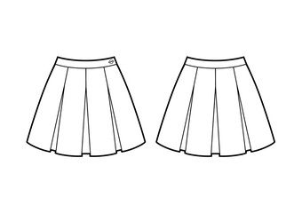 school skirt with four folds fashion flat sketch. front and back view