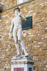 Copy of Michelangelo's David on the square of Signoria in Florence, Italy.